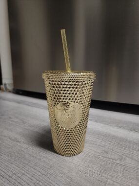 Starbucks Metallic Gold Studded 16oz Reusable Cup with Straw 2022